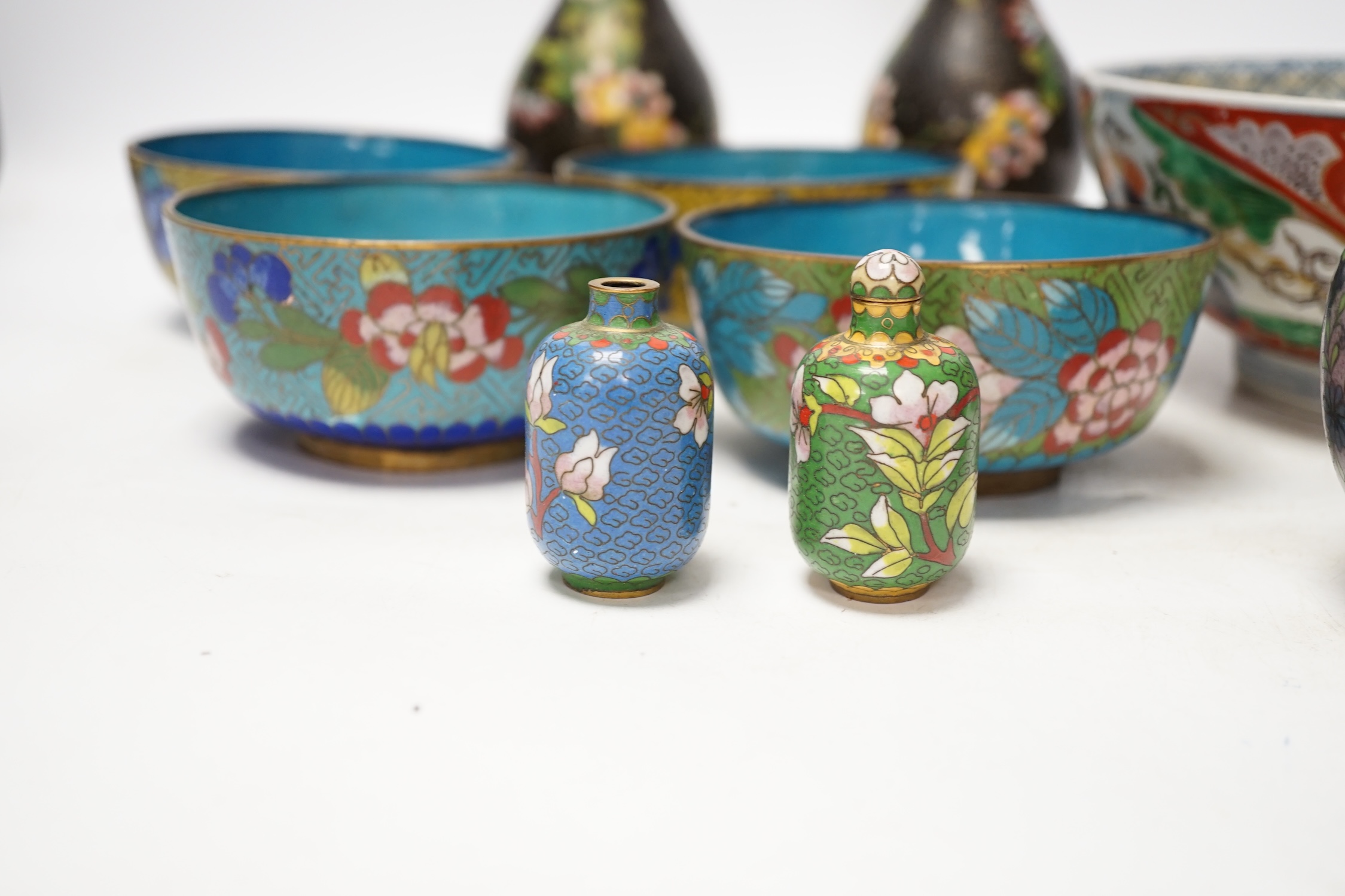 A Japanese Arita bowl and a quantity of Japanese and Chinese cloisonné enamel wares, tallest 17cm. Condition - fair